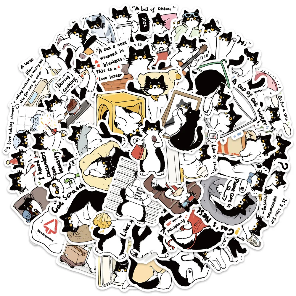 50pcs Funny Cute Cartoon Animal Pet Tuxedo Cat Stickers Water Bottle Stickers Luggage Laptop Guitar Skateboard Vinyl Decals