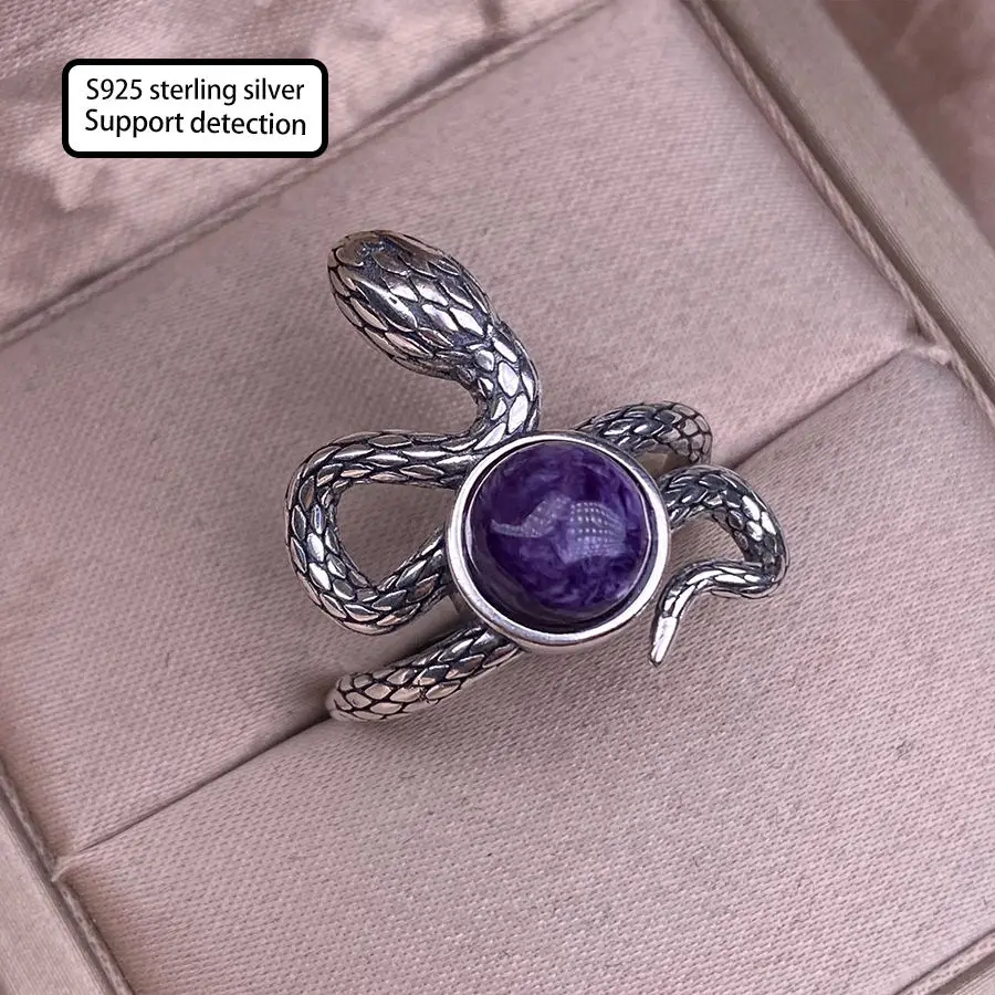 S925 Sterling Silver Mosaic retro personality Exaggerated snake Amethyst ring for men women Adjustable Oping Ring