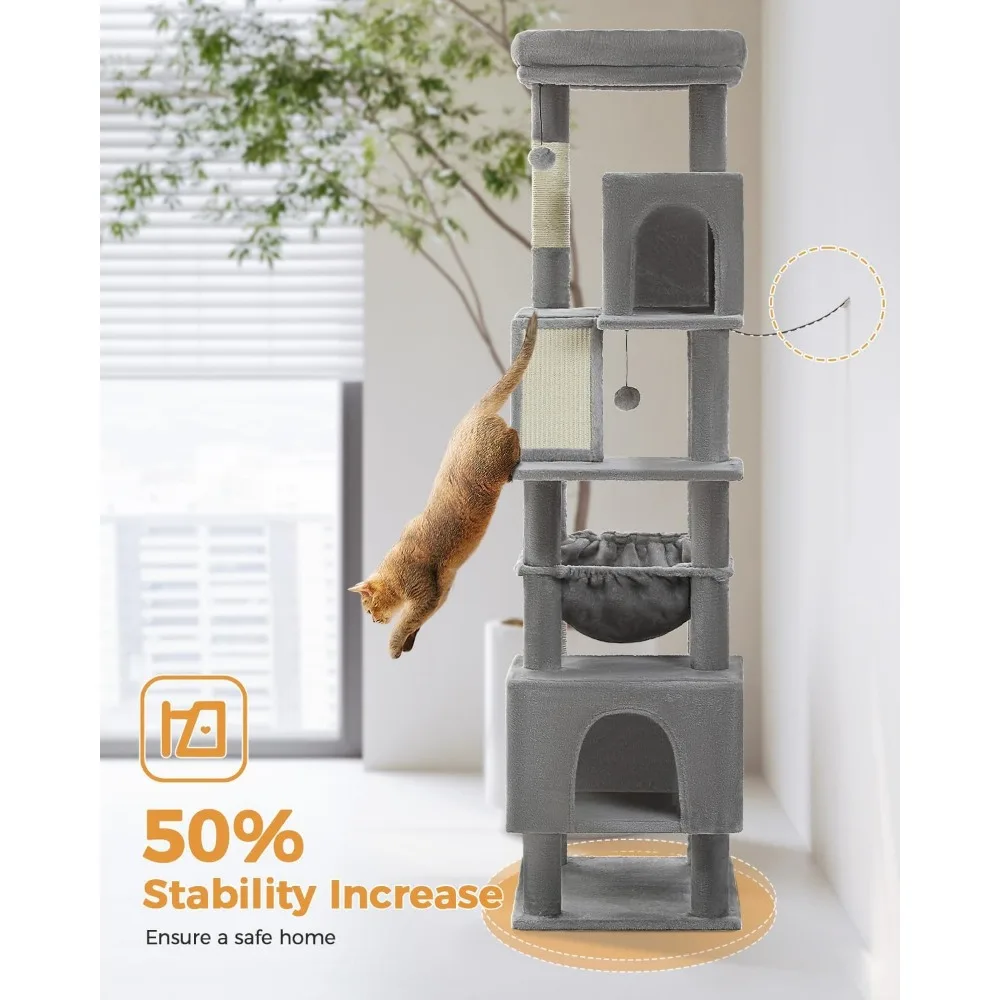 شجرة قطط كبيرة مع أرجوحة كبيرة جدًا، برج قطط طويل القامة 71 شديد التحمل، 4 أعمدة خدش من السيزال، 2 مستويات واسعة للقطط #3