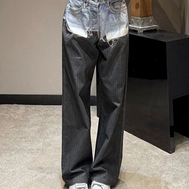 High Street Fake Two Piece Striped Splicing Jeans for Children, Spicy Girl, Loose, Lazy, Relaxing, Floor Pants