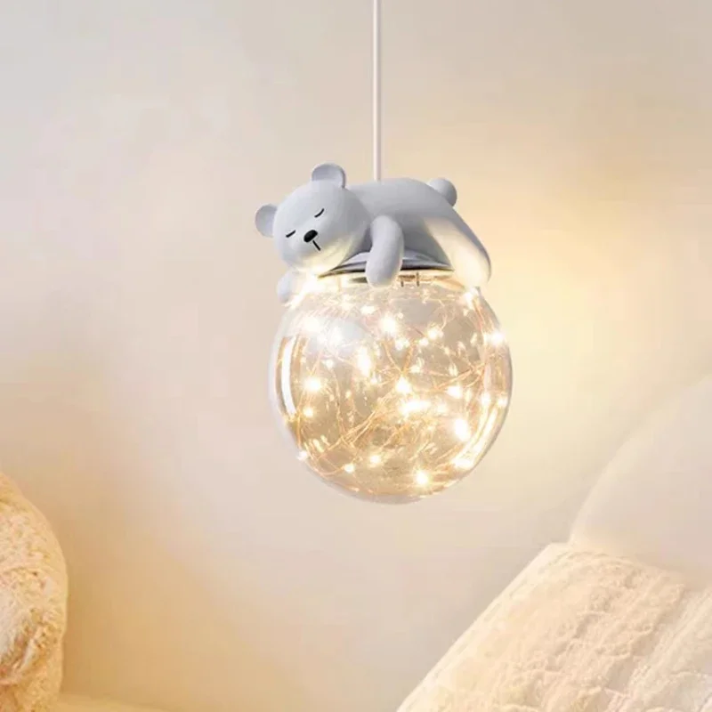 

Nordic Children Room Chandelier White Bear Bunny Lamp Simple Modern Baby Room Girl Boy Bedroom Bedside Pedant light Glass Light