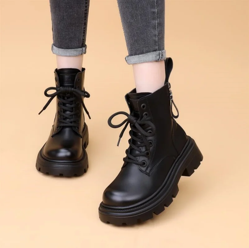 

Genuine Leather Lace-up Women Boots 5Cm Chunky Heel Platform Women Boots British Style Thick Sole Increase Height Casual Boots