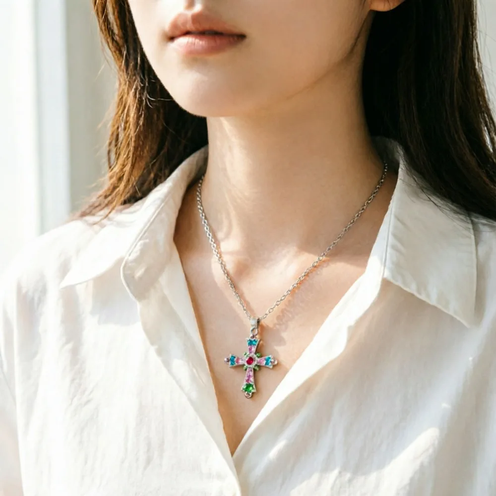 New Crystal Cross Pendant Necklace for Women Girls Shiny Sweet Chain Punk Party Fashion Pendant Fashion Y2K Jewelry Accessories