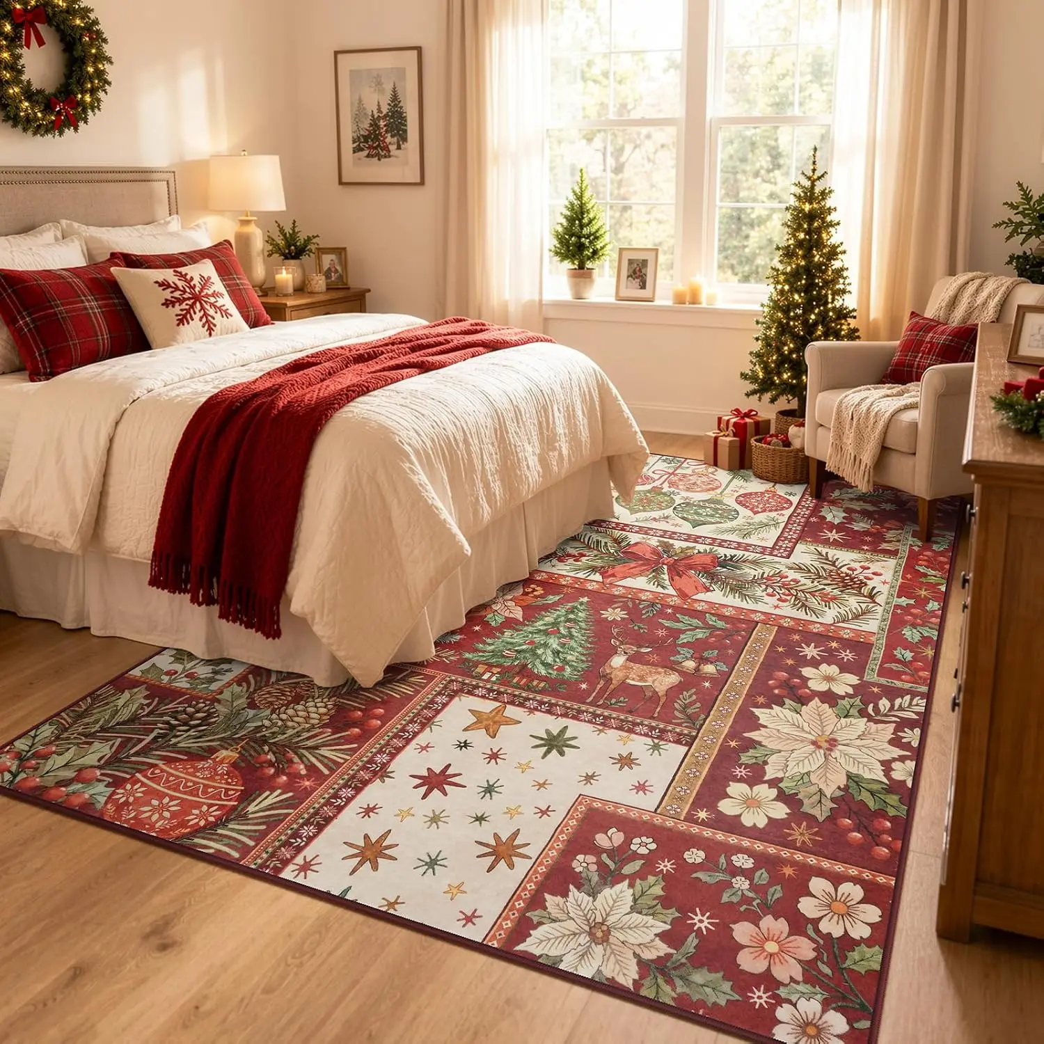 1pc 2D Flat Patchwork Christmas Poinsettia Reindeer Printed Floor Mat, Decorative Rug for Living Room, Bedroom, Dining Room
