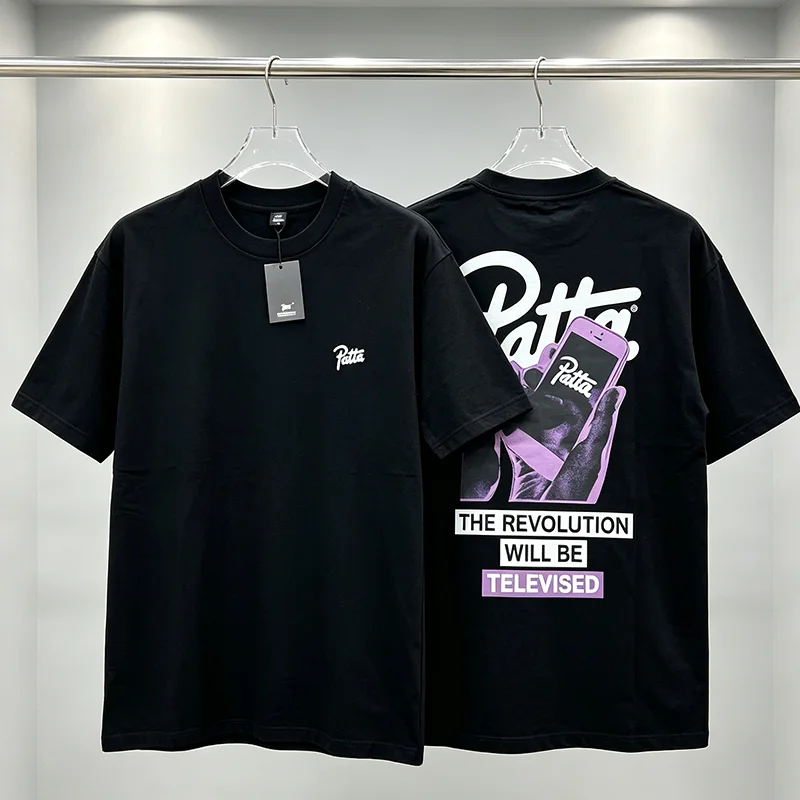 PATTA Loose Street T-shirt Front Script Logo Back Phone Poster Print Men Crew Neck Top