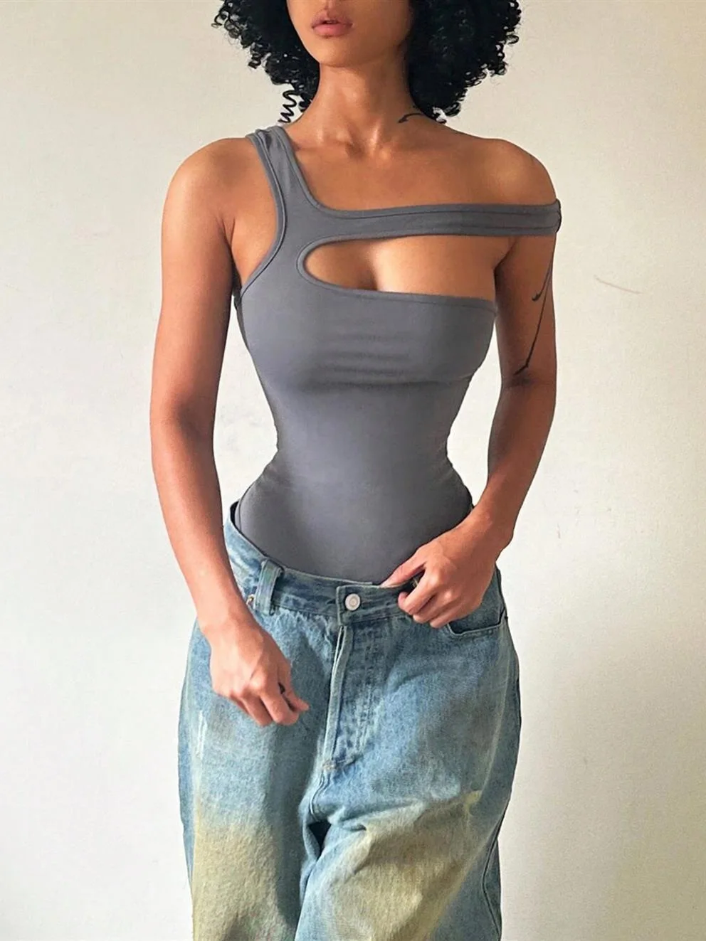 Fashion Summer Women's Square Neck Sexy Slim Fit Solid Color Top Spicy Girl Backless Vest Hollowed Out Design Jumpsuit