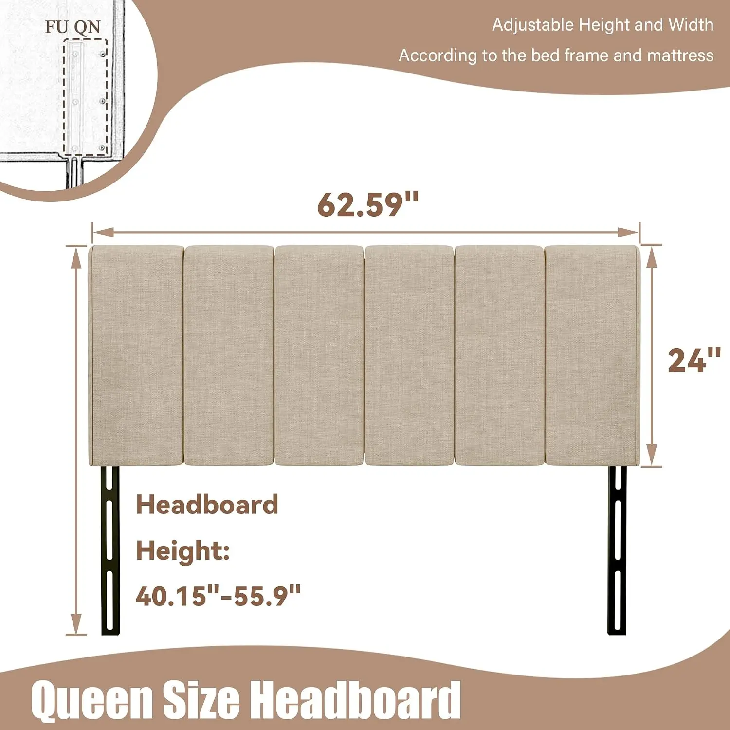 Upholstered Queen Headboard Linen Padded Fabric Oatmeal Adjustable Height Metal Legs Free-standing, Customized