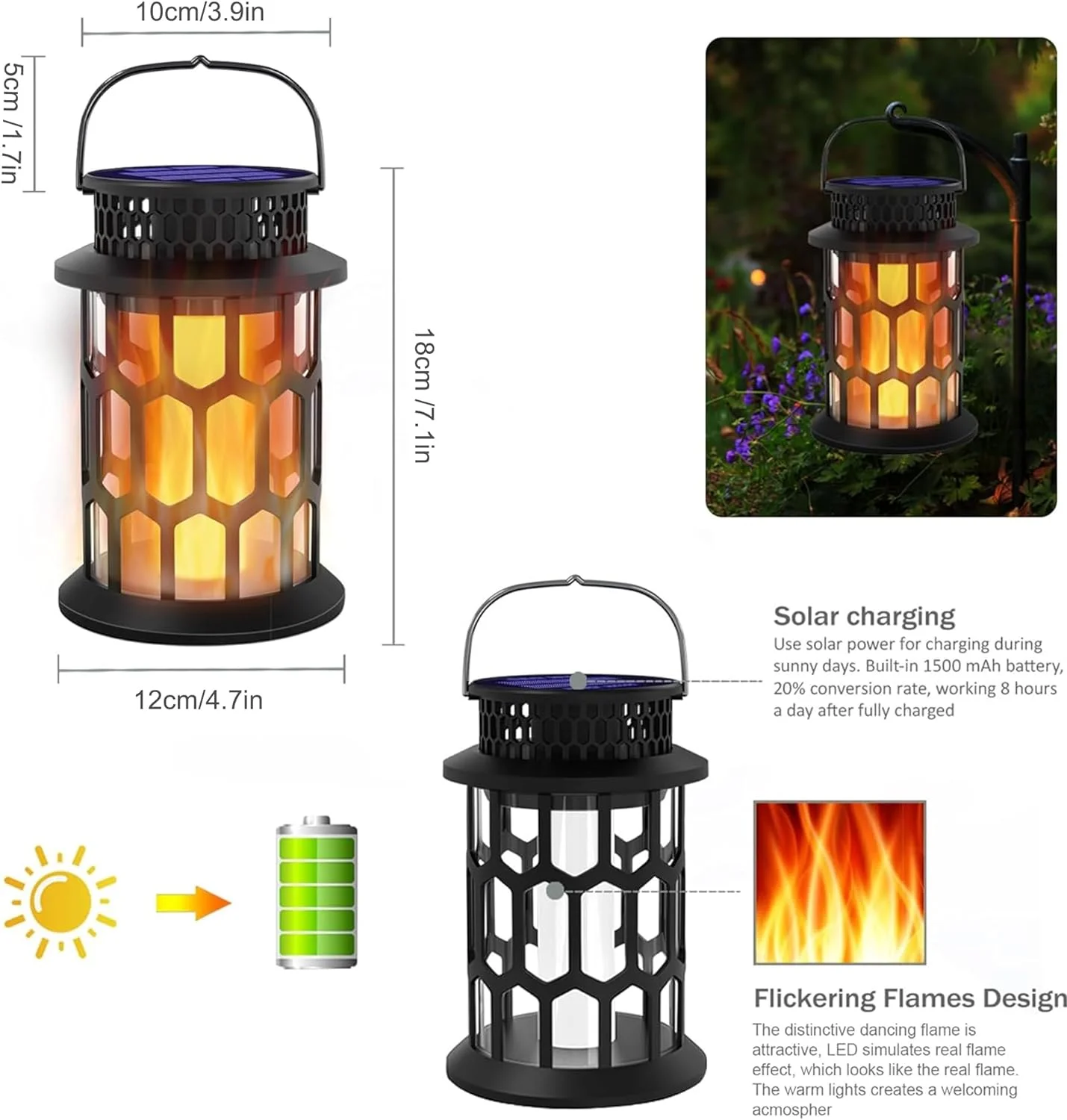 installed solar lanterns Outdoor waterproof flicker flame hanging wireless lanterns decorative lighting suitable for courtya