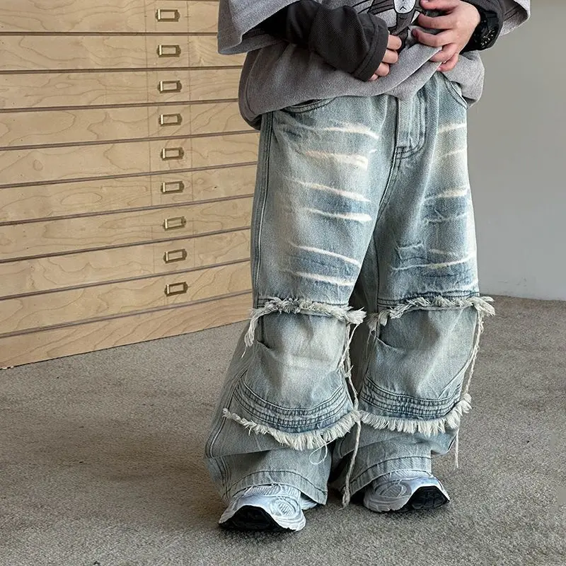 Children Jeans Spring Autumn 2026 New Boys Girls Ripped Straight Leg Denim Pants Casual Streetwear Kids Trousers