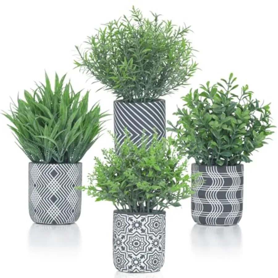 

4 Pack Small Fake Plants Artificial Boxwood Rosemary Lavender with Geometric Pattern Cement Pots Small Potted Faux Greenery for
