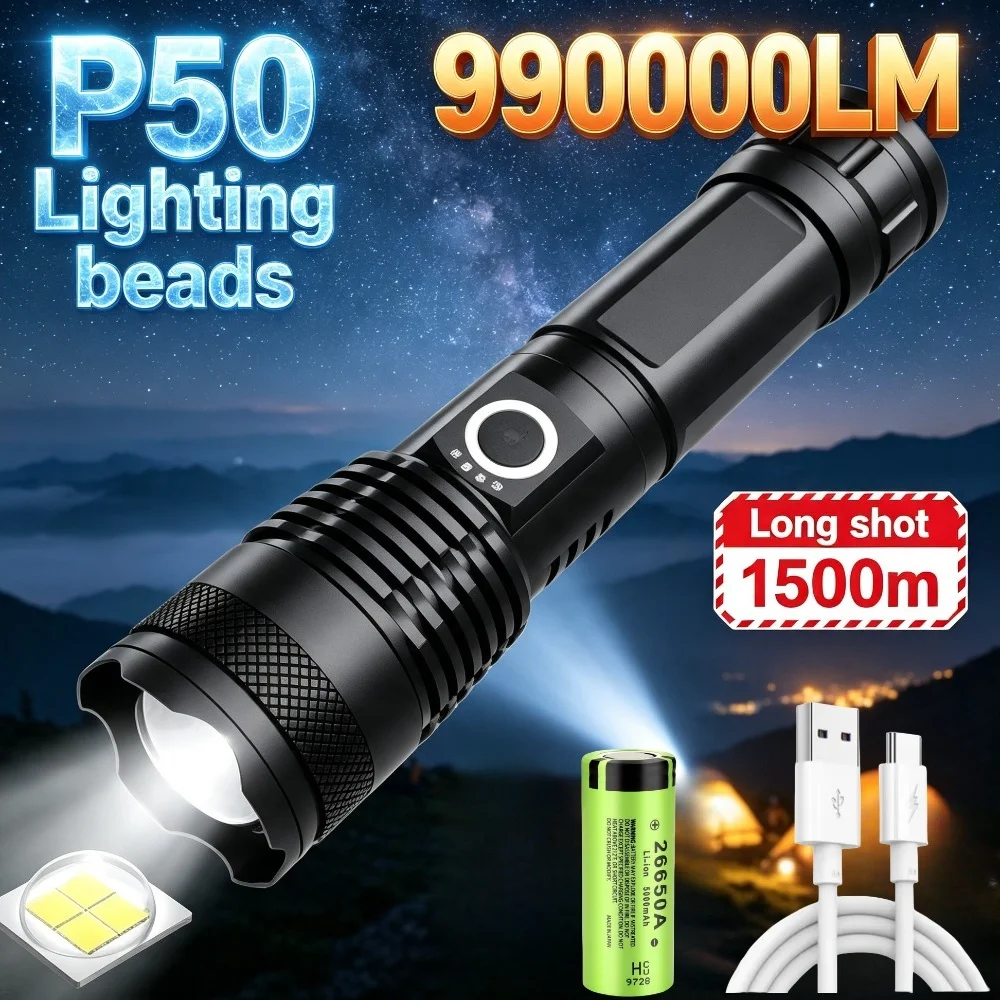 P50 Super Bright LED Flashlight USB Rechargeable Waterproof Telescopic Zoom Long Range Torch for Night Fishing Hiking Patrol