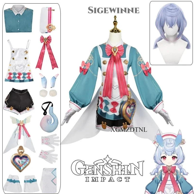 Genshin Impact Sigewinne Cosplay Fantasia, Peruca bonito conjunto completo, Fantasia para enfermeira, Doutor, Melusina, Sigvayn, Dia das Bruxas, Interpretação, Festa