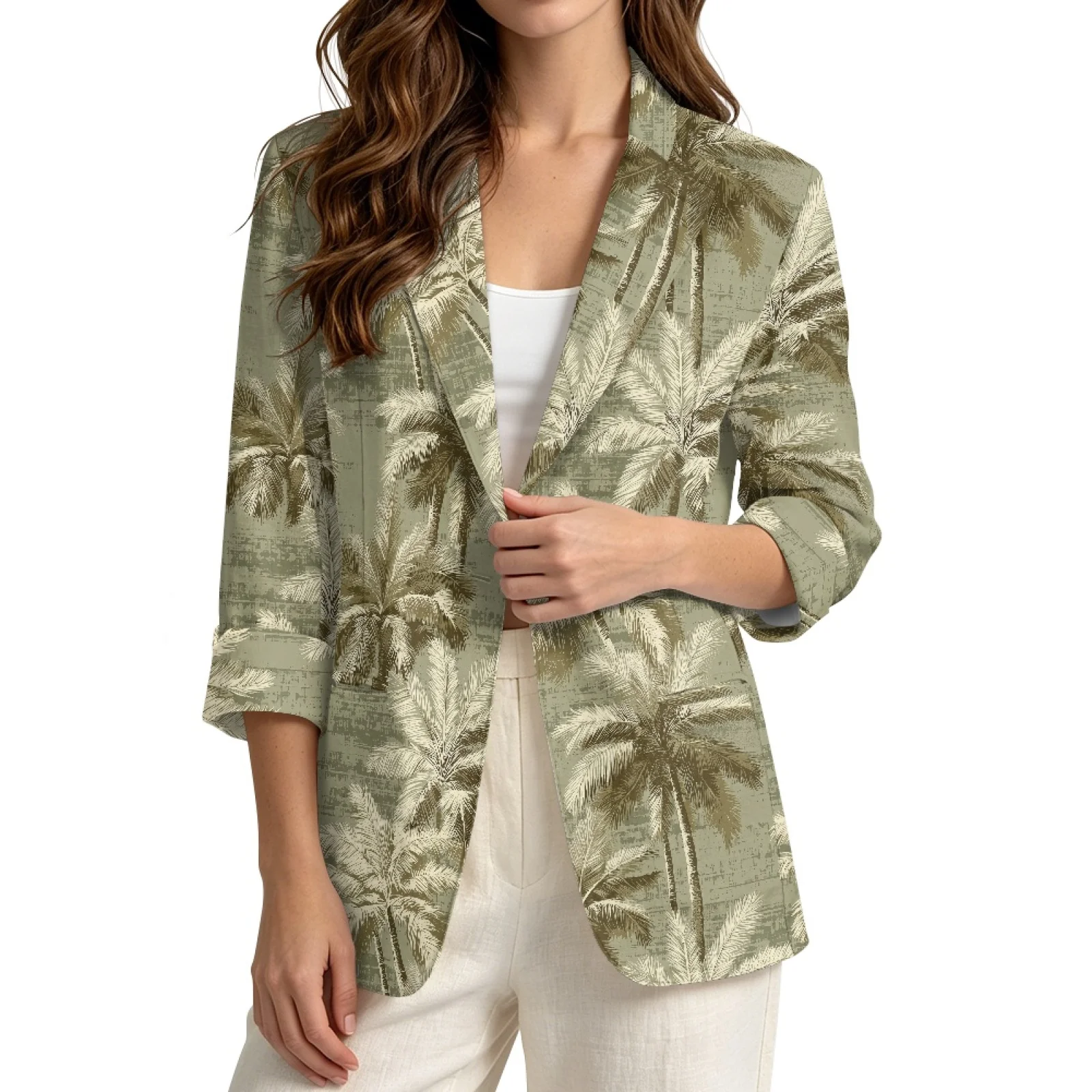 PENSTROLL Palm Tree Print Linen Style Cardigans Loose Fit Beach Cover Up for Daily S-3XL