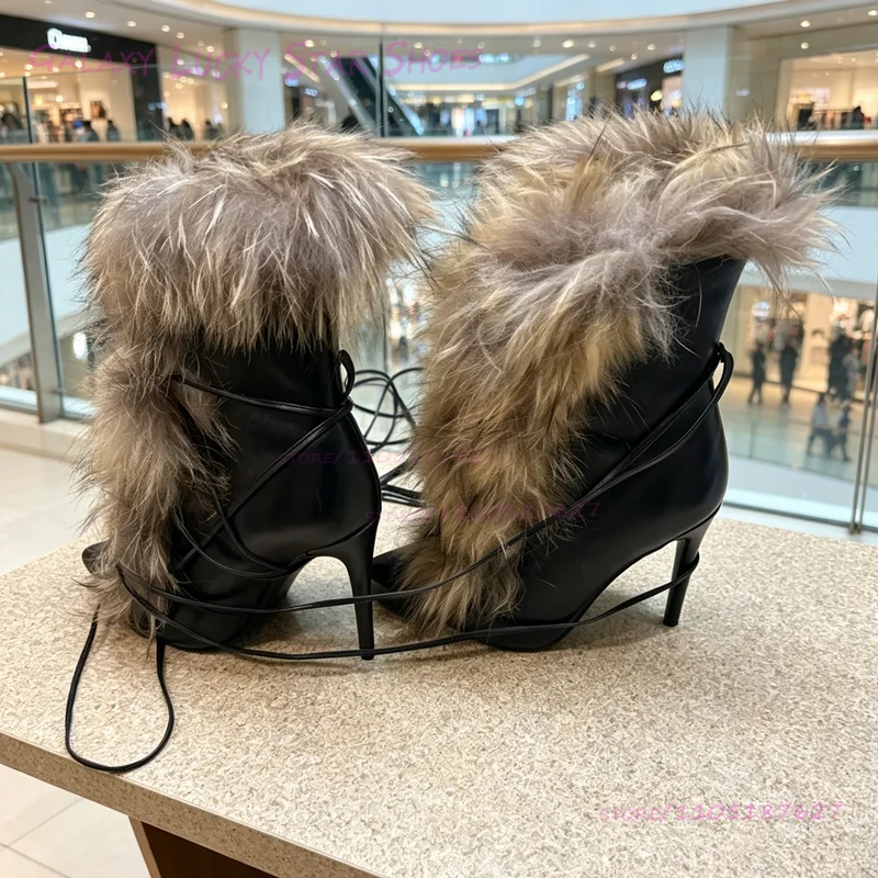 

Soft Long Beaded Strands Brown Fur Plush Boots Lace Up Black Women Pointed Stiletto Heels Calf Booties White Custom Colors Shoe