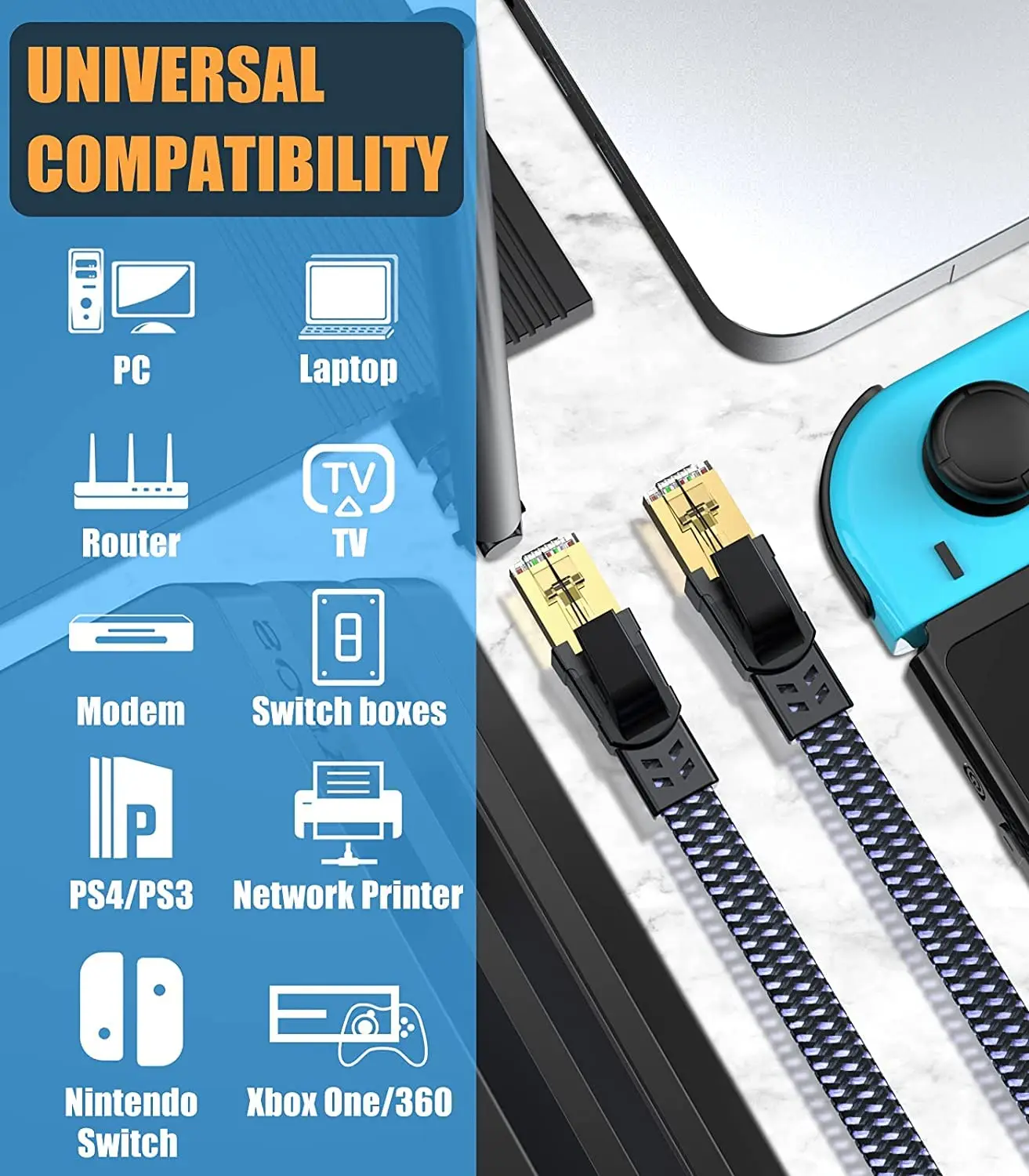 MIZIQIER long CAT 8 Flat Network Internet Cable 40Gbps SFTP RJ45 LAN Cable Patch Cord for Modem Router Gaming PC PS4/5/6 Xbox