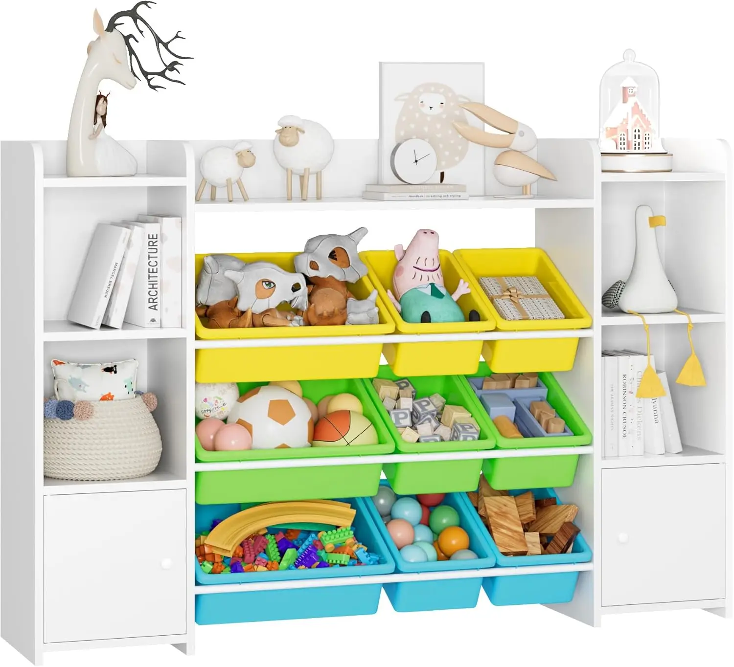 Fotosok 55'' Large Toy Storage Organizer With 9 Toy Bins, Toy Organizers And Storage With Shelf And 6 Storage Cubbies,