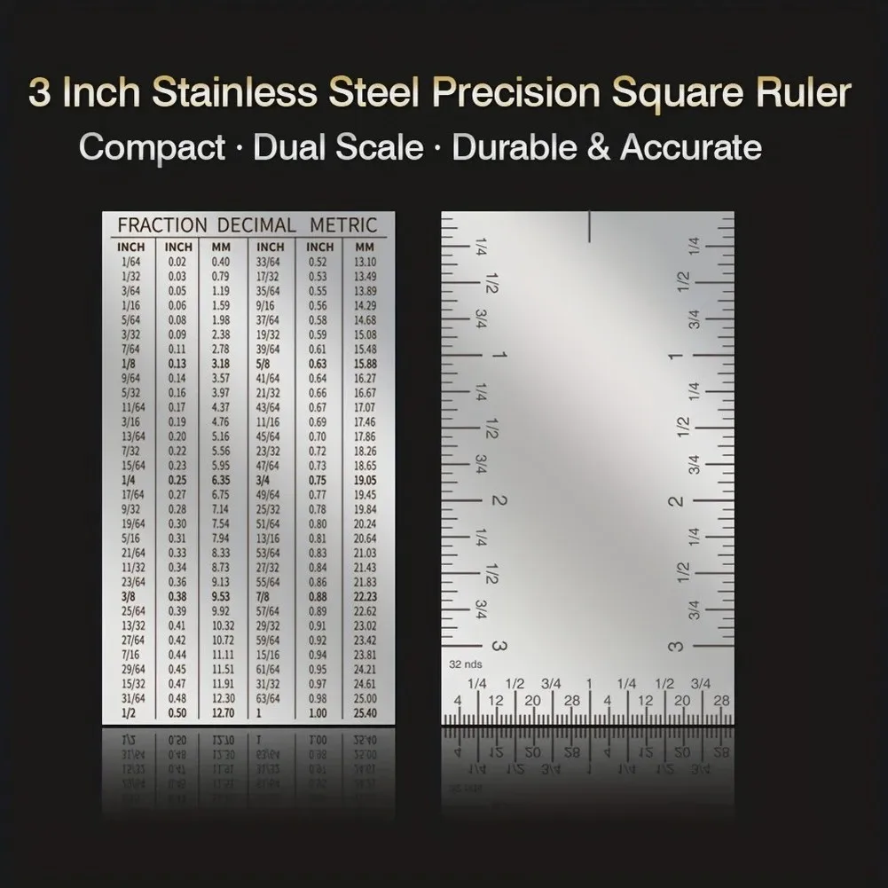 Metal 3 Inch Square Ruler Dual Scale Metric For Imperial Converter Measuring Tool For Woodworking Metalworking Machining And DIY
