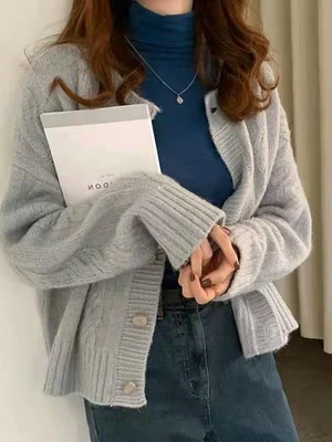 

Свободный женский вязаный свитер, верхняя одежда, винтажная ленивая одежда, осенне-зимняя верхняя одежда, универсальный открытый кардиган, корейская версия