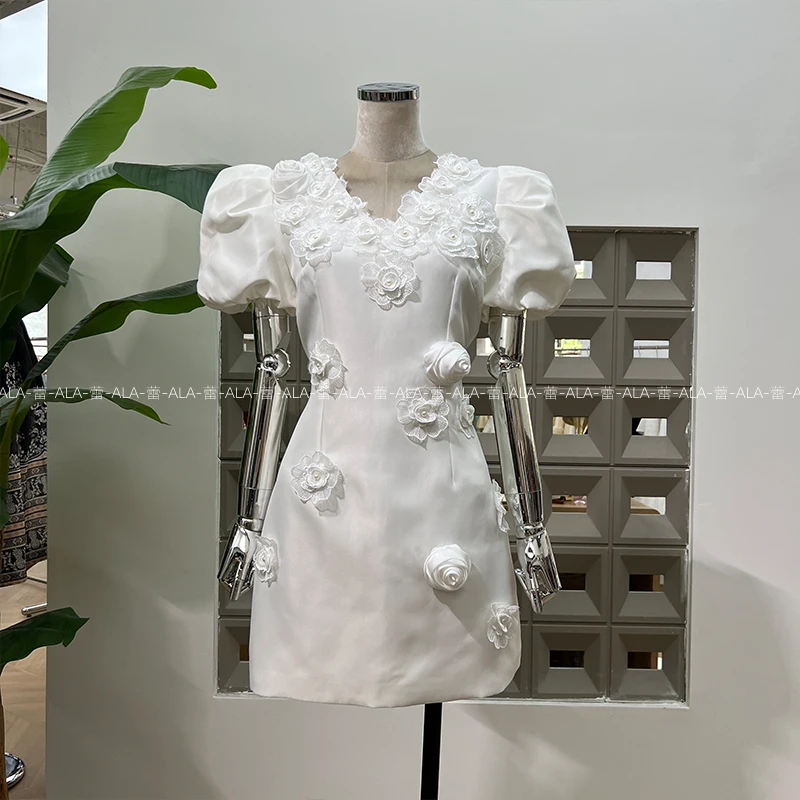 French Elegant Socialite Party Dresses V-Neck Bubble Sleeve 3D Handmade Flower High Waist A-line Temperament Short Dress Women