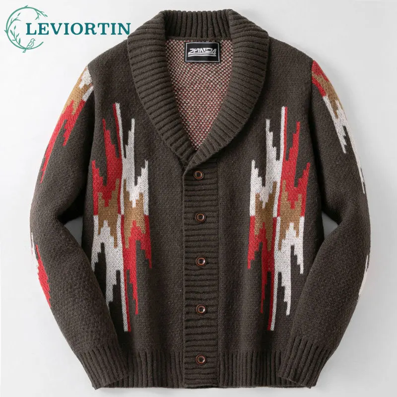 

2025 Autumn and winter men's retro fashion versatile simple jacquard lapel loose long sleeved cardigan woolen jacket SY0054