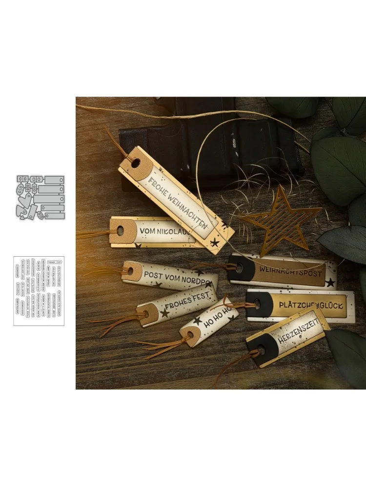 Weihnachtsgeschenk-Etiketten, Metall-Stanzformen und transparente Stempel im deutschen Stil für die Gestaltung von Geschenkverpackungen, Karten und Scrapbooks.