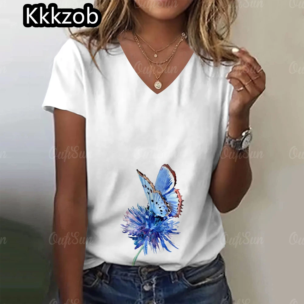 Simple Graphic Print Oversized Women's Trending Clothing New Women T-Shirt Fashion Short Sleeve Shirt Women V-Neck Blouse 2025