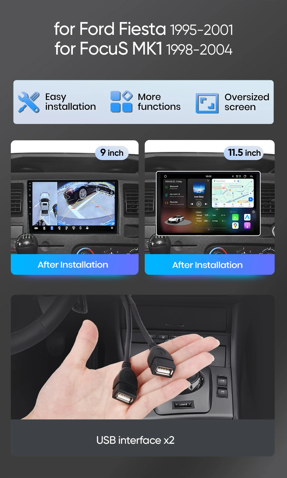 Junsun Android Auto Autoradio für Ford Fiesta 1995-2001 Focus MK1 1998 1999 2000-2004 Multimedia Wireless Apple CarPlay Smart Intelligent Systems IPS Touchscreen Stereo Video Player 2 Din Autoradio Head Unit Navigation BT GPS 4G WIFI FM AM DSP RDS SWC – Detail 3