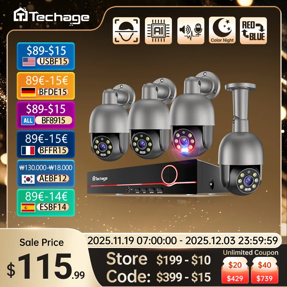 

Techage UHD 8CH 4K PTZ POE Система камер безопасности 2K 5MP Цветное ночное видение CCTV Комплект защиты видеонаблюдения Обнаружение человека
