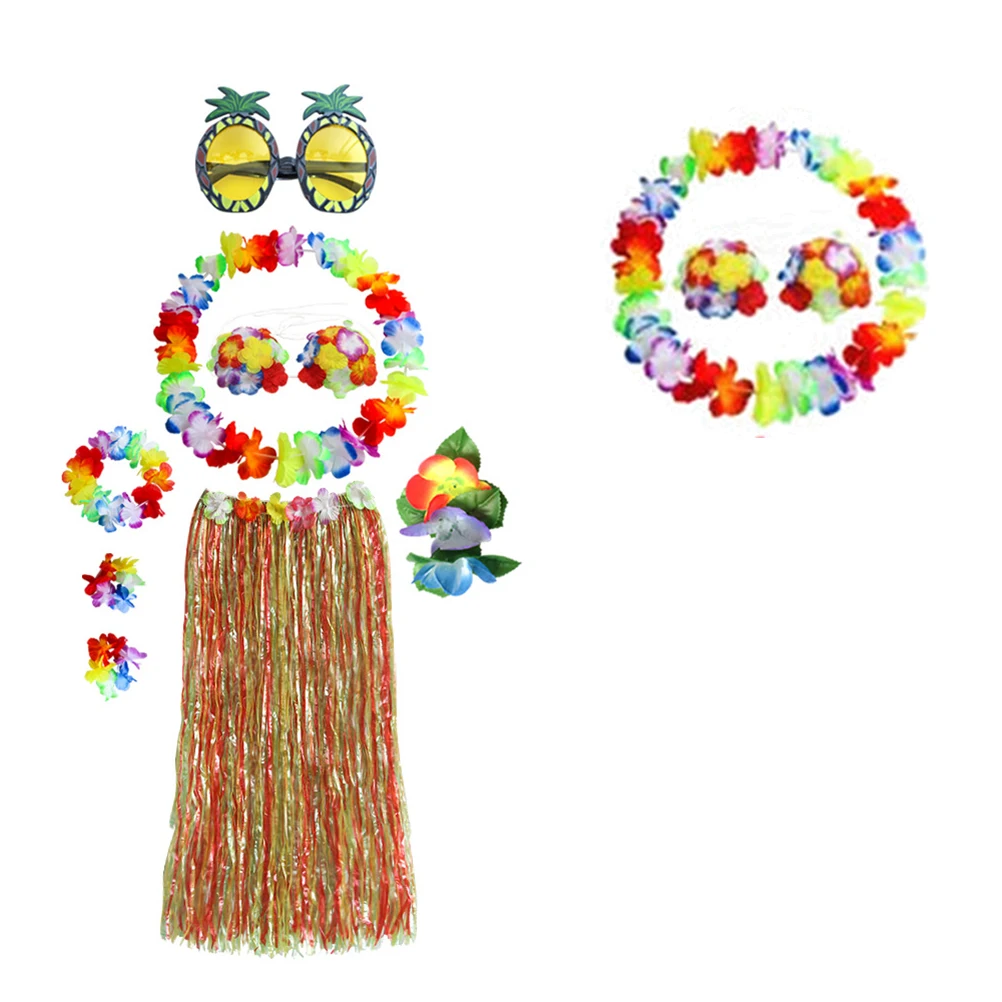 

8 PCS Hula Dance Costume Hawaiian Costumes Grass Skirt Flowers Set Dress Skirts Luau
