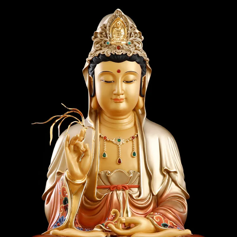 Cz1 pure copper painted guanyin buddha statue for home worship great compassion and great wisdom   saha three saints bronze