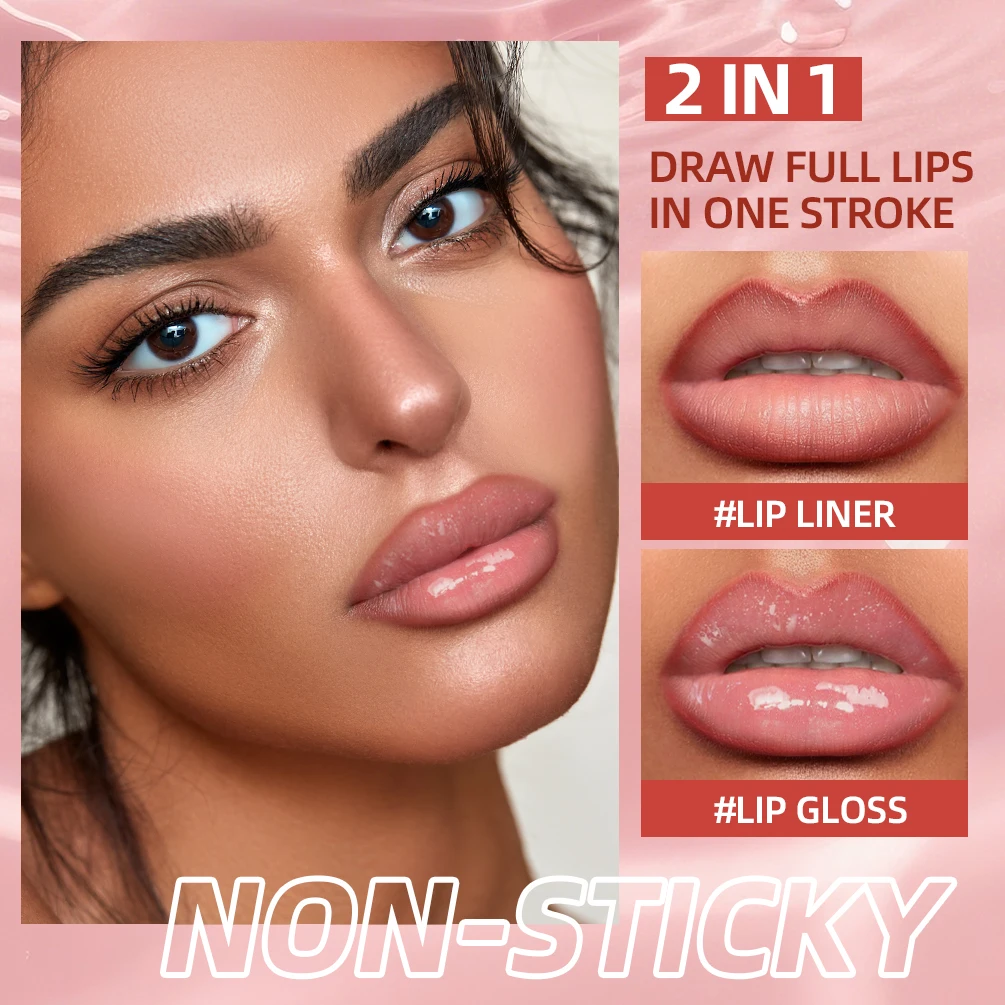 QIBEST Doppia Testa Specchio Lip Glaze 2 in 1 Lipliner Penna Acqua Luce Lip Gloss Trucco Velluto Opaco Lip Liner Matita Contorno Stick