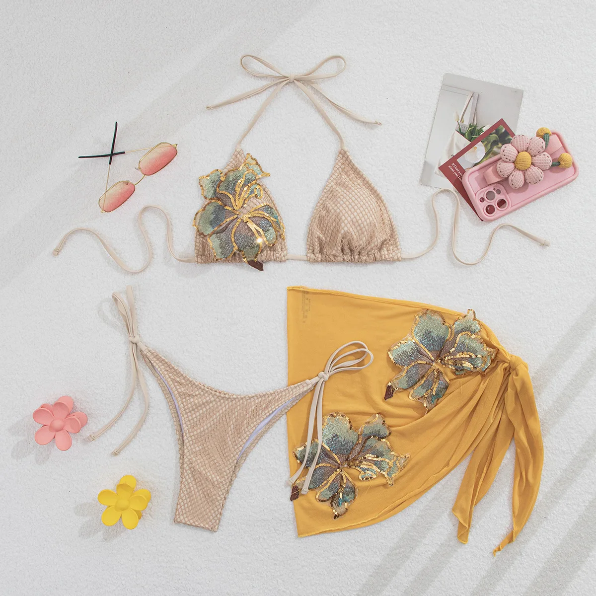 

sexy applique flower micro bikinis sets 3pcs with mesh cover skirt swimwear bathing suit beach outfits swimsuits biquini tankini