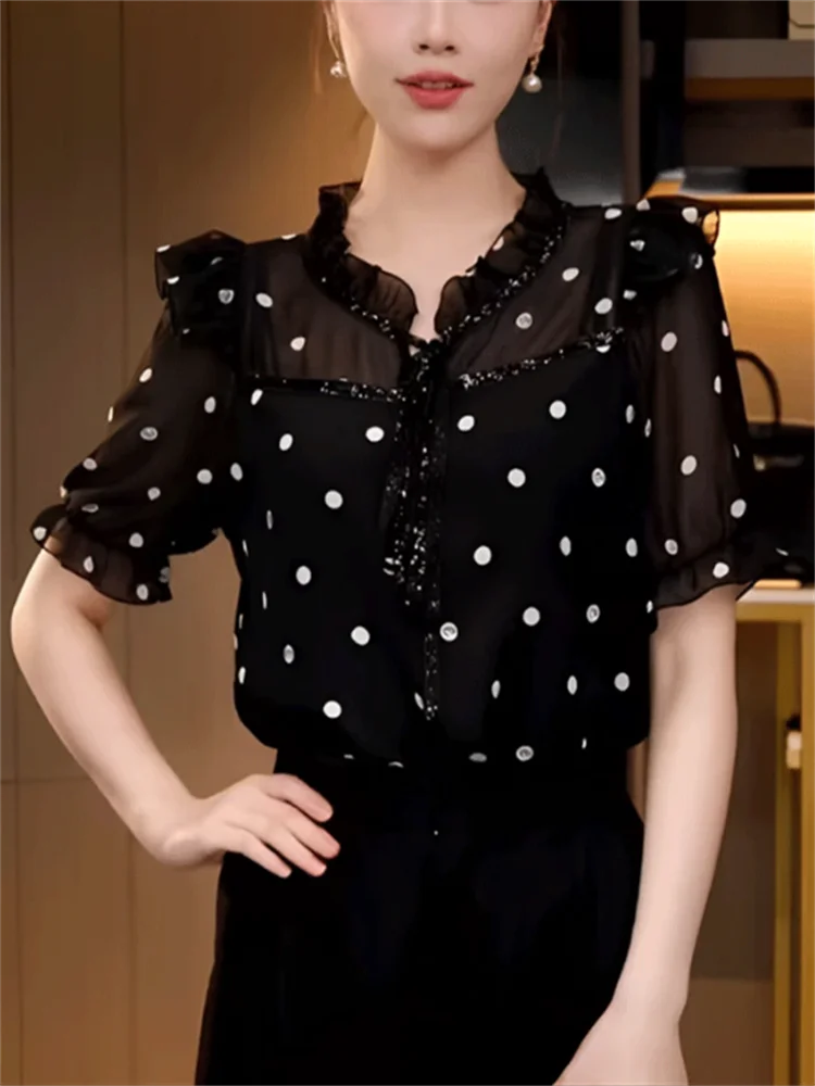 Fashionable Blouses Women Pullover Thin Shirt Short-sleeved Blouse Polka Dot Ruffled Splicing Blous Casual Female Shirt