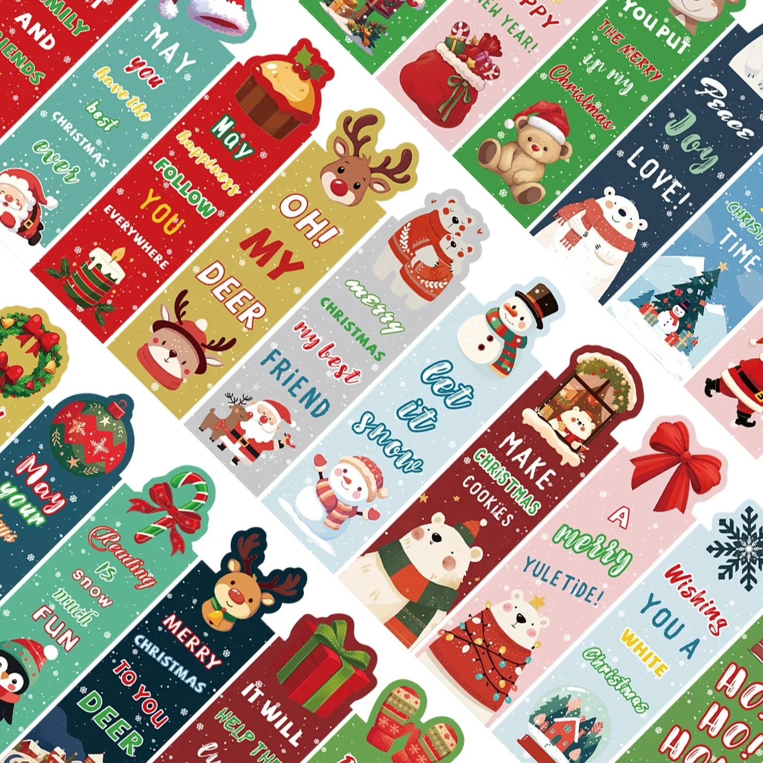 30pcs Classic Christmas Bookmarks with Cartoon Santa Claus Snowman Xmas Tree Print for Books Marking Student Reading Decorations