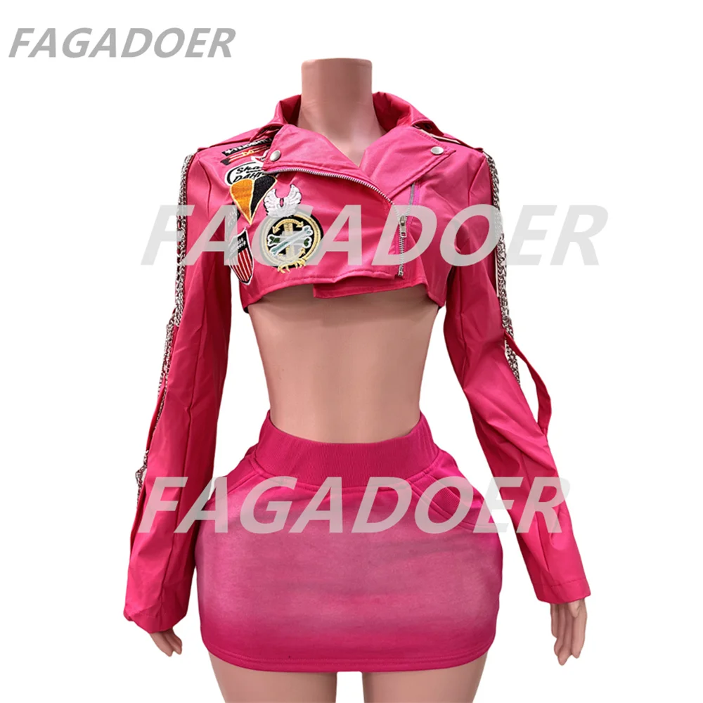 FAGADOER Y2K Rose Pink Leather Jacket Women Punk Moto Coat Lapel Chain Patchwork Cropped Jackets Hot Girl Autumn Winter Outwear