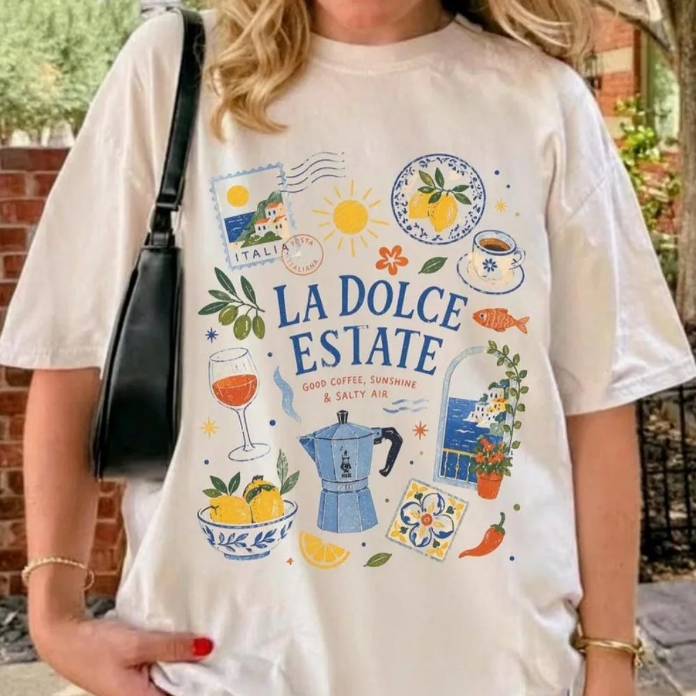La Dolce Estate Italian Summer T-Shirt Amalfi Coast Citrus Graphic Short Sleeve Tees Women Summer Leisure Vacation Clothes