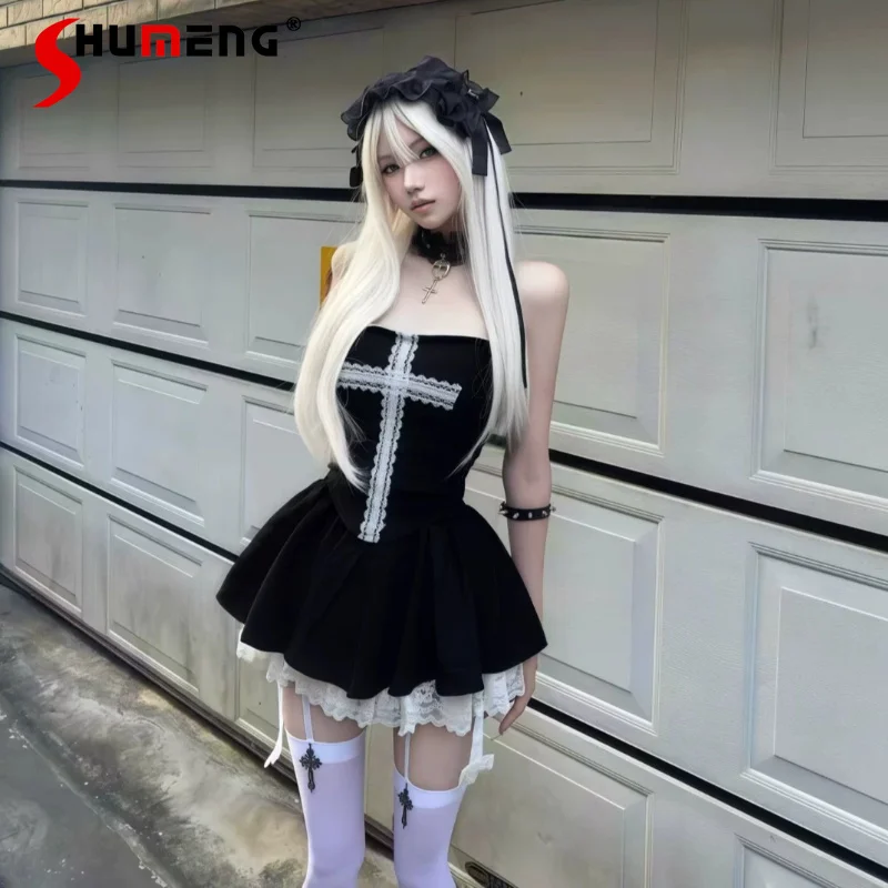 

Original Japanese Hot Girls Subculture 2-piece Set Women Summer New Women Slimming Tube Tops and Skirts Outfit Gothic Clothing