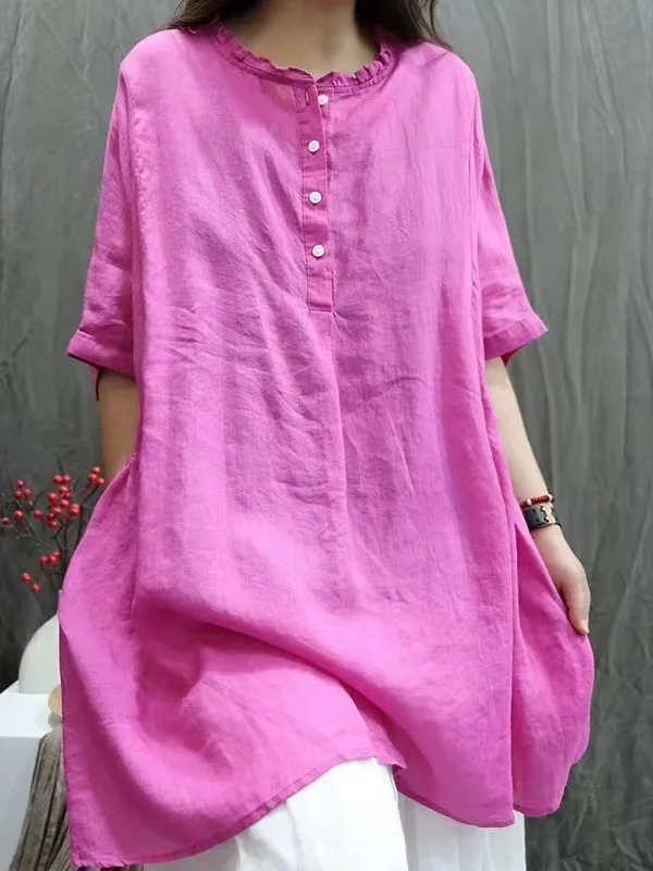 

Ретро-рубашка из льна свободного кроя большого размера, однотонная, с вышивкой, универсальная, с коротким рукавом, в стиле «кукла», летняя новинка