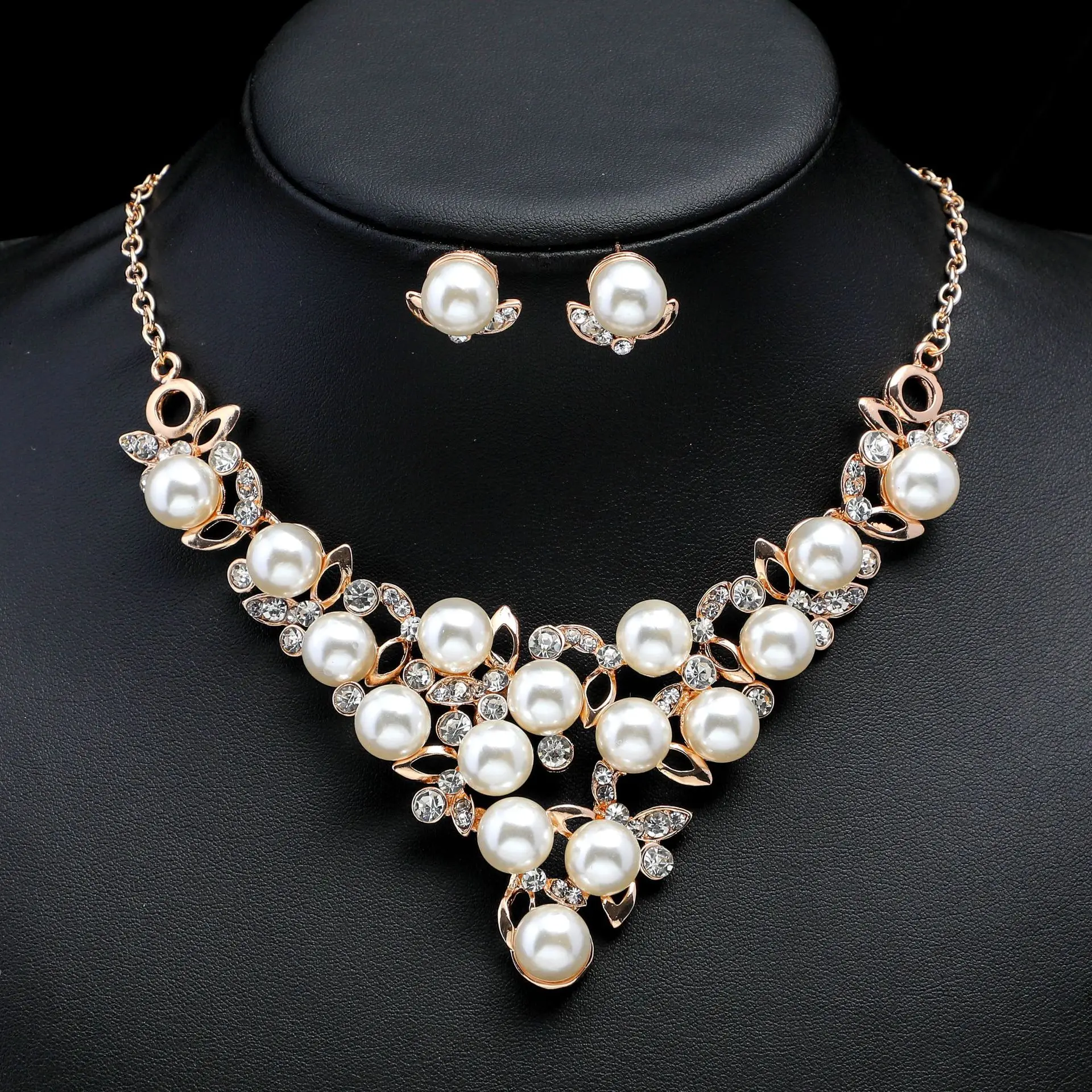 Conjunto de joyería elegante para mujer, pendientes de gota de cristal con perlas, collar de cadena, colgante, fiesta de boda, novia