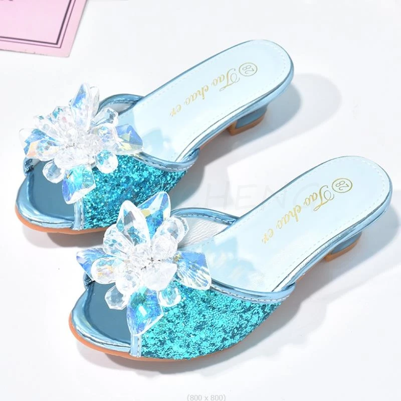 Hot Girls Summer Sandals Slipper Sequined Princesse Children High Heel Party Dress Frozen Elsa Shoes Leather Slipper Kids Slides