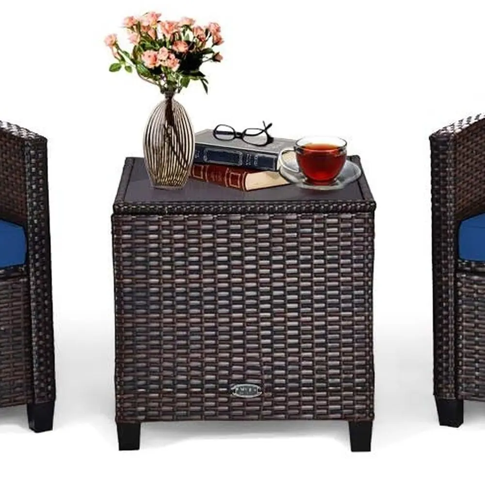 Conjunto de móveis de pátio externo azul de 3 peças com vime PE, almofadas laváveis e tampo de vidro temperado - Ideal para jardim, Po