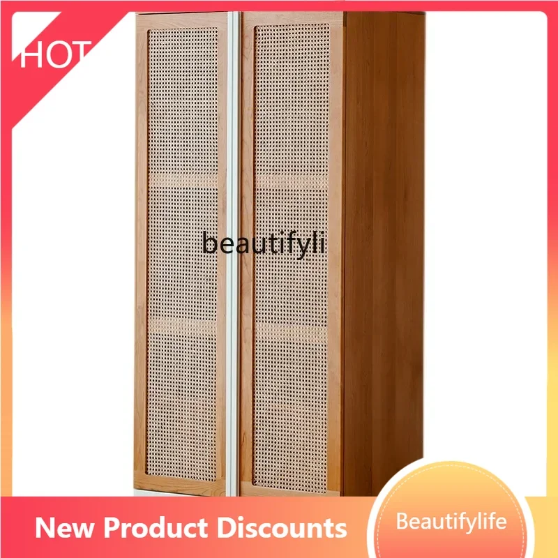 

X0 Solid wood wardrobe cherry wood, Japanese rattan simple wardrobe bedroom locker