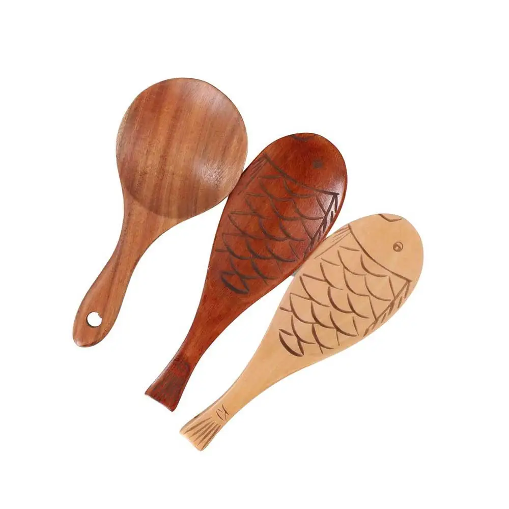 

Kitchen Tableware Eco-friendly Natural Fish Shaped Wooden Serving Spoons Spatula Rice Paddle Rice Scooper