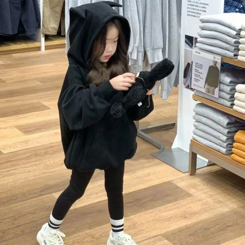 2026 Autumn Girls Black Hoodie Kids Toddler Sweatshirt Casual Pullover Tops
