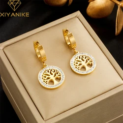 XIYANIKE 316L Stainless Steel Golden Earrings Life Tree Round Pendant Accessories for Women Exquisite Jewelry Party Gifts Серьги