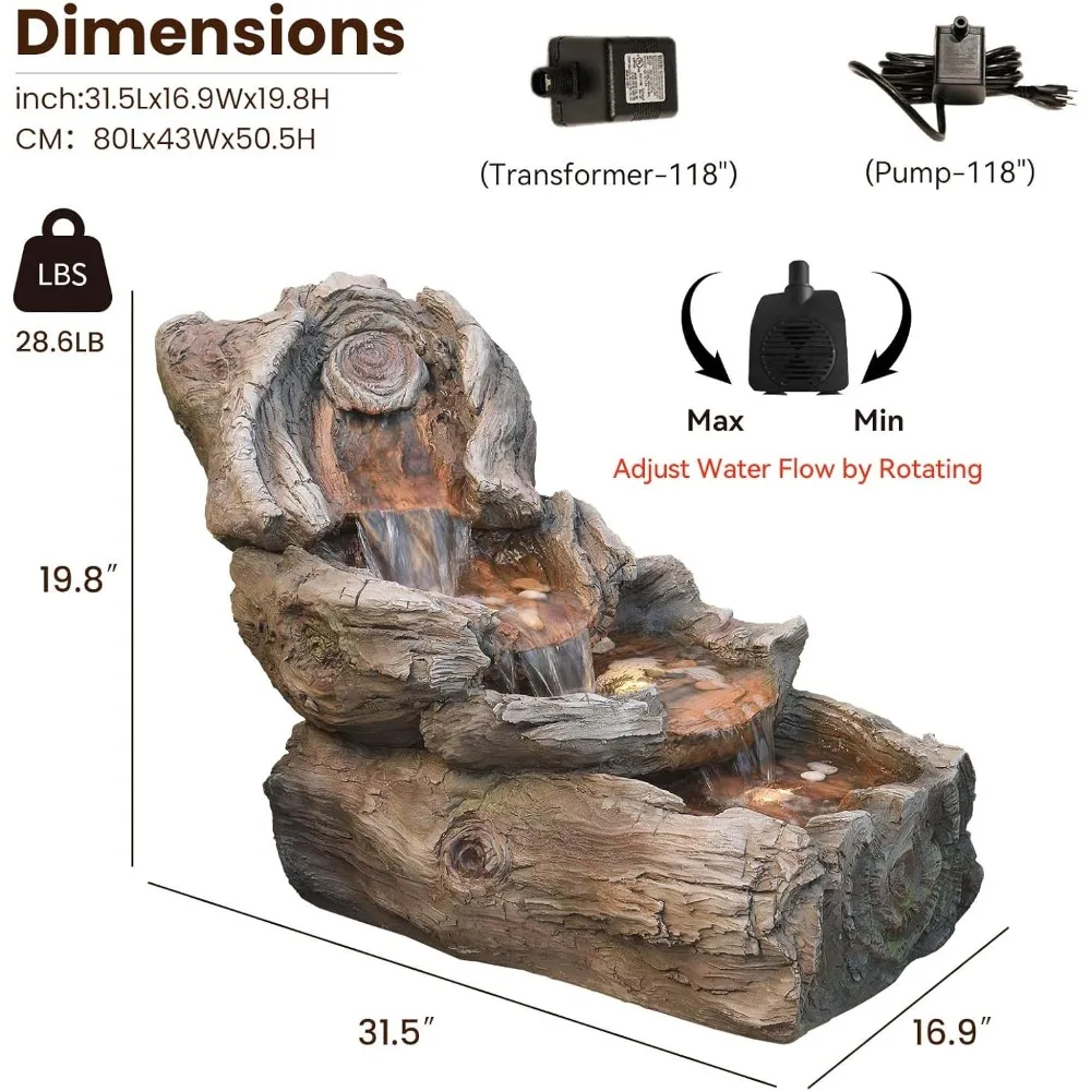 نافورة مياه للحديقة سعة 31.5 لترًا للاستخدام الداخلي/الخارجي، نافورة مياه صناعية من الخشب المقلد في الهواء الطلق، شلال طبيعي مع أضواء LED #2