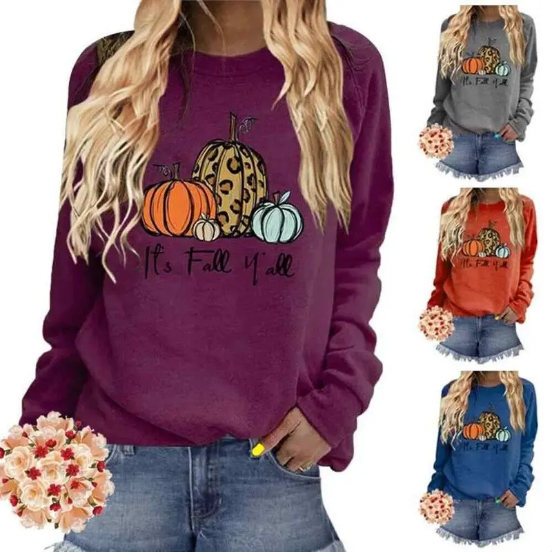 Autumn Winter Halloween Pumpkin Pattern Crew Neck Raglan Long Sleeve Women's Sweatshirt Comfortable Cotton Mid-Length Hoodie