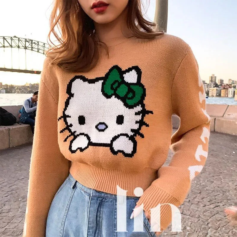 Kawaii Sanrio Hello Kittys Sweater Autumn Winter Preppy Sweater Long Sleeve Top Loose Round Neck Trend Sweet Girl Christmas Gift