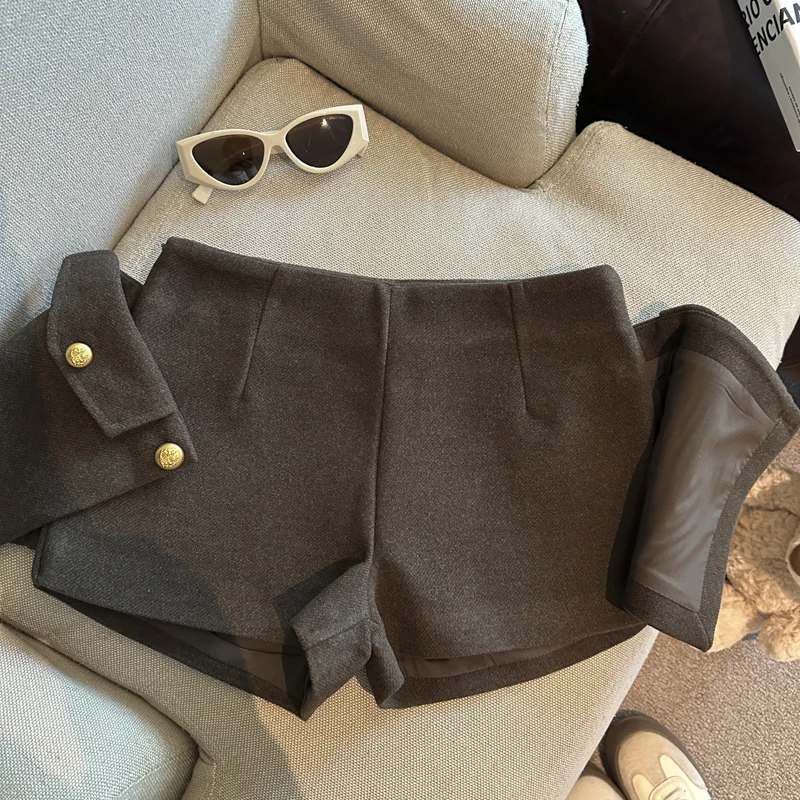 Women's Autumn Winter High Waist Patchwork A Line Shorts Lady Streetwear Wool&blend Irregular Boots Short Pants