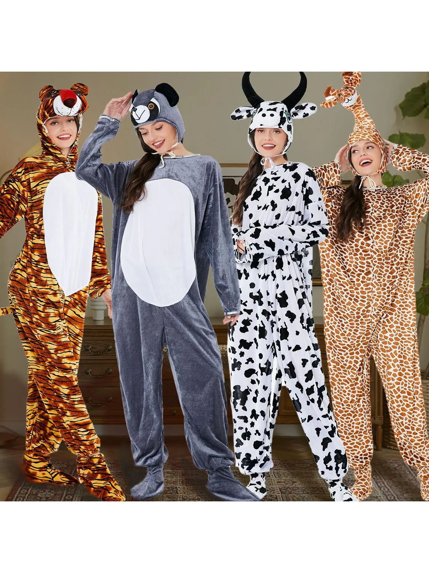 

Костюм животного для взрослых на Хэллоуин: Жираф, Тигр, Корова, Медведь. Костюм для ролевых игр и сценических выступлений для мужчин и женщин.